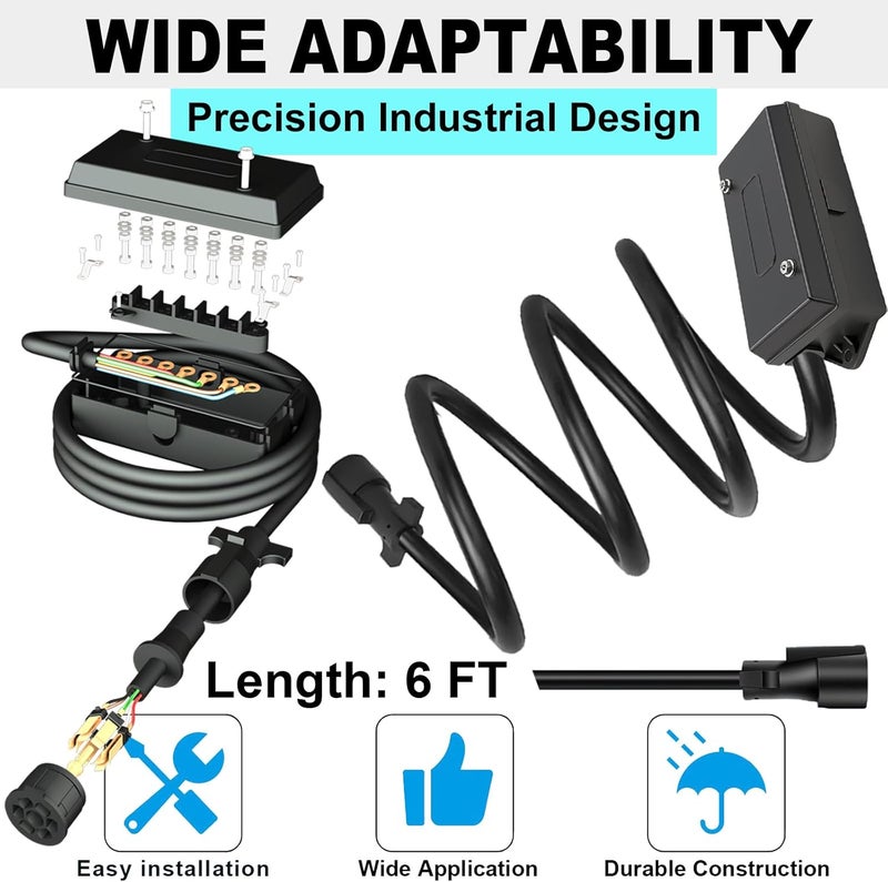 CXTM 7 Pin Trailer Wiring Harness Kit 6 Feet, 7 Gang Waterproof Junction Box with Heavy Duty 7 Way Trailer Cord Pigtail, Double Prongs Connector Inline Cable for RV Standard (6ft) - Image 4